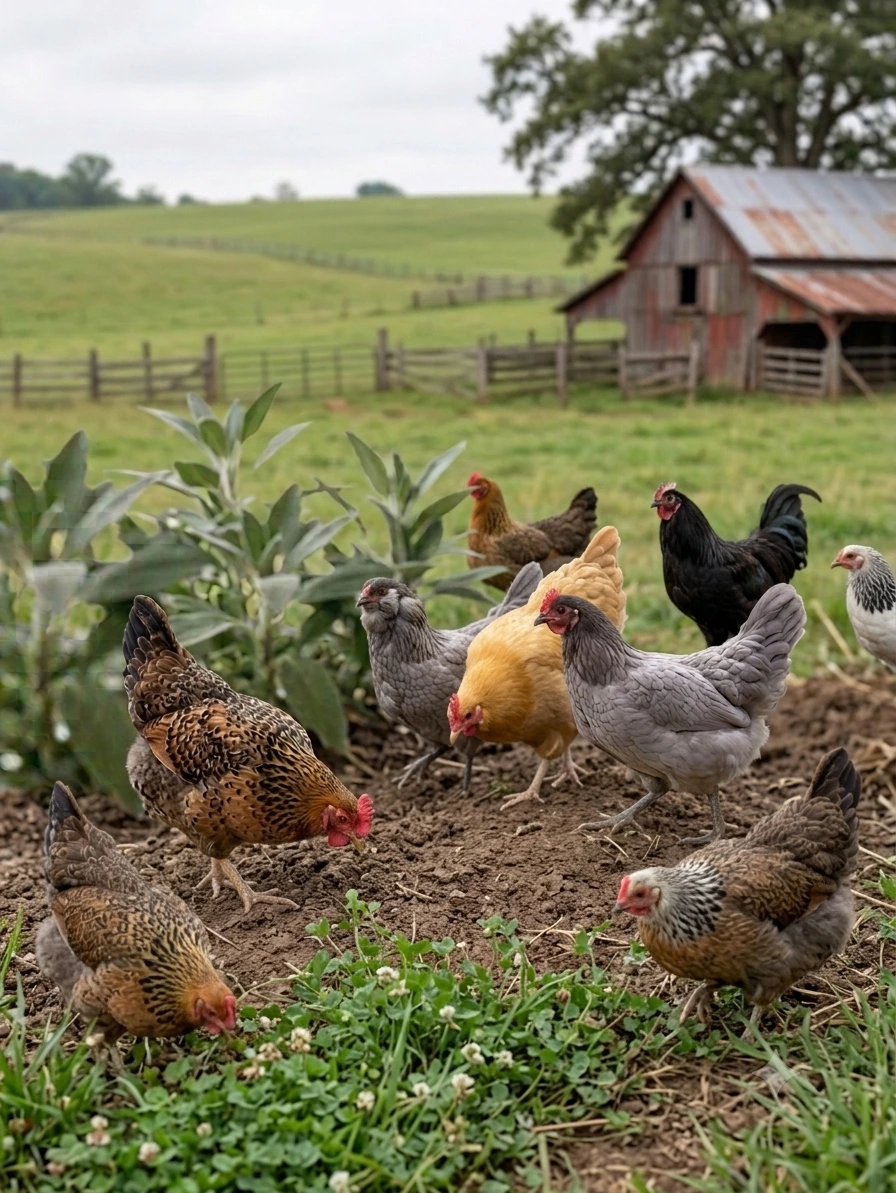 Chickens roaming in a farm